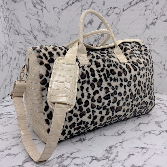 Men's Manzini Cream | Animal Print Faux Fur Large Duffle Bag NWT