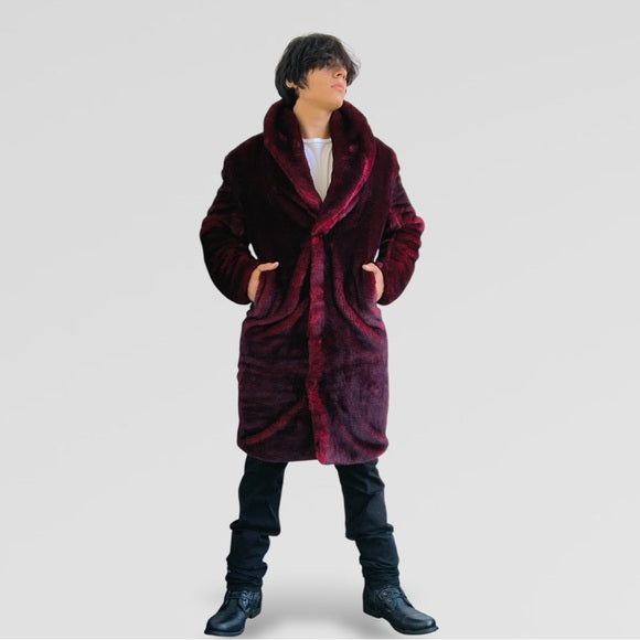 Men's Manzini Burgundy | Black Faux Fur Overcoat NWT