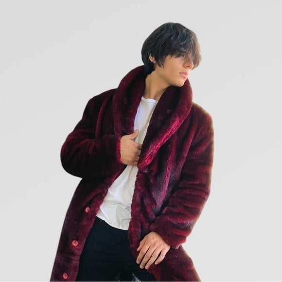 Men's Manzini Burgundy | Black Faux Fur Overcoat NWT