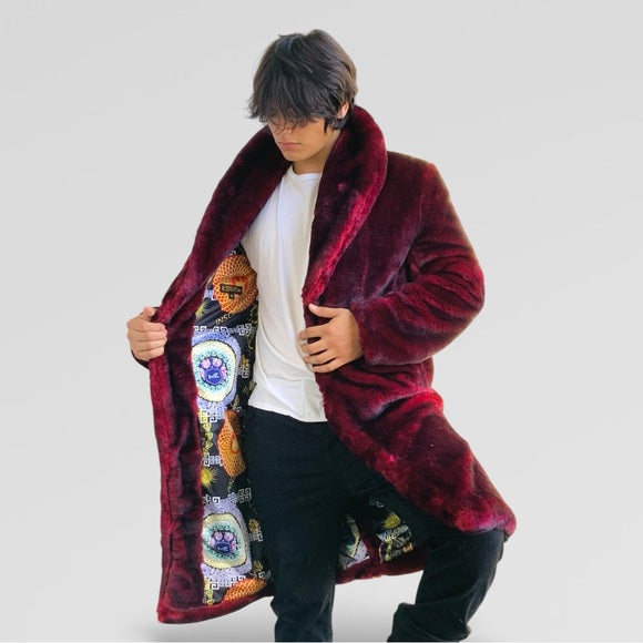 Men's Manzini Burgundy | Black Faux Fur Overcoat NWT