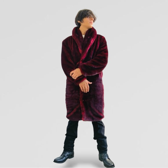 Men's Manzini Burgundy | Black Faux Fur Overcoat NWT