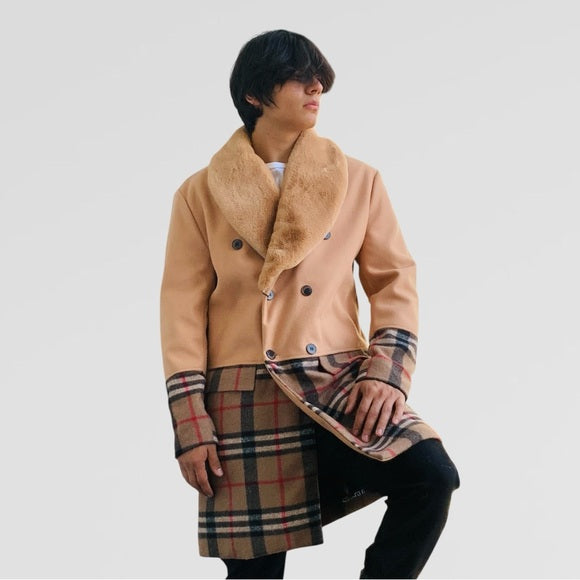 Men's Fashion Solid Tan | Plaid Faux Fur Overcoat NWT