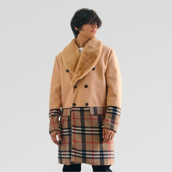 Men's Fashion Solid Tan | Plaid Faux Fur Overcoat NWT