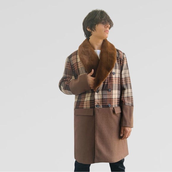 Men's Fashion Solid Brown | Plaid Faux Fur Overcoat NWT