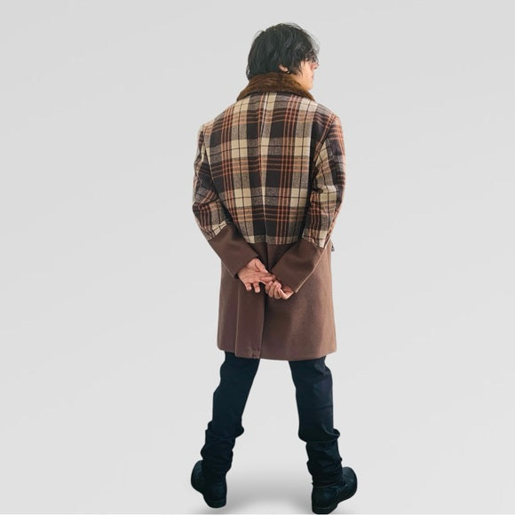 Men's Fashion Solid Brown | Plaid Faux Fur Overcoat NWT