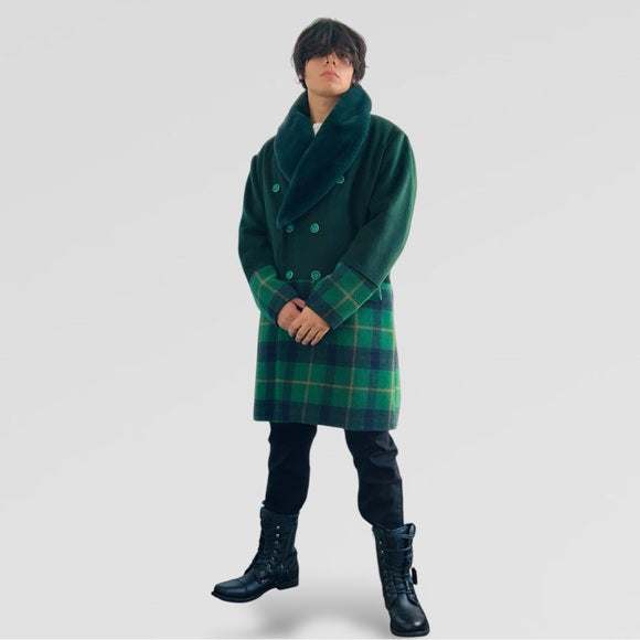 Men's Fashion Solid Green | Plaid Faux Fur Overcoat NWT