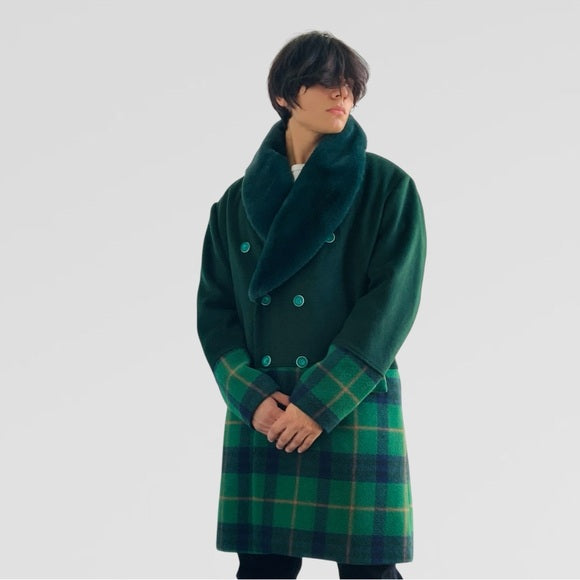 Men's Fashion Solid Green | Plaid Faux Fur Overcoat NWT