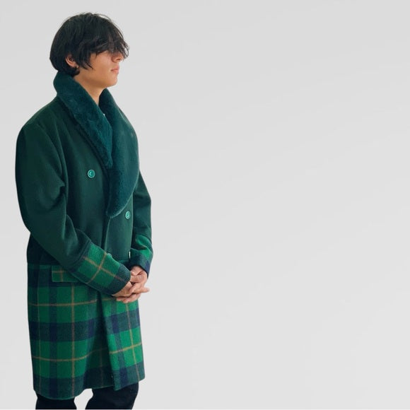 Men's Fashion Solid Green | Plaid Faux Fur Overcoat NWT