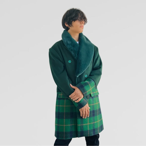 Men's Fashion Solid Green | Plaid Faux Fur Overcoat NWT