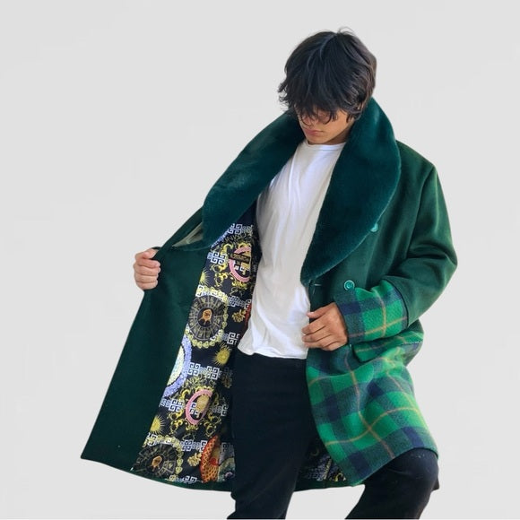 Men's Fashion Solid Green | Plaid Faux Fur Overcoat NWT