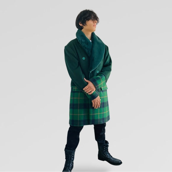 Men's Fashion Solid Green | Plaid Faux Fur Overcoat NWT