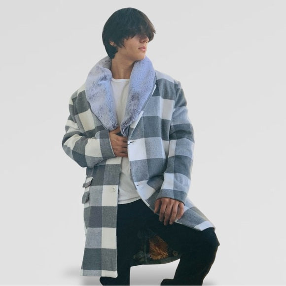 Men's Fashion White | Grey Plaid Faux Fur Overcoat NWT