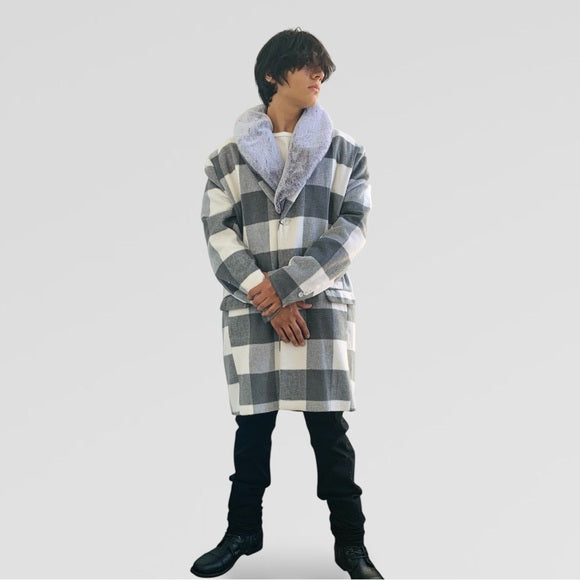 Men's Fashion White | Grey Plaid Faux Fur Overcoat NWT