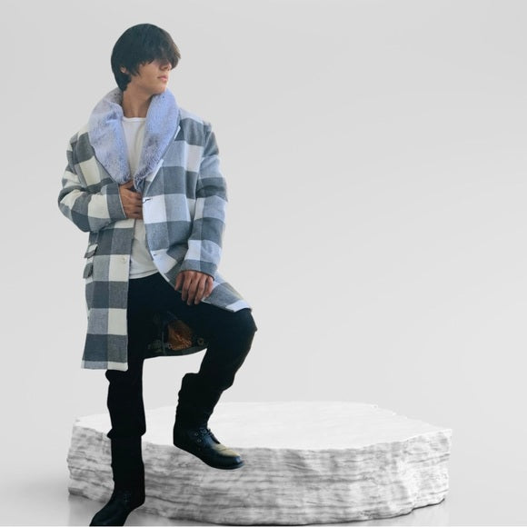 Men's Fashion White | Grey Plaid Faux Fur Overcoat NWT