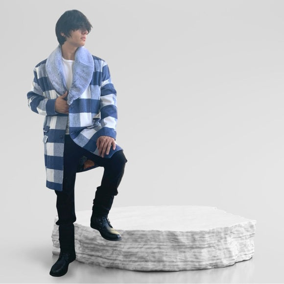 Men's Manzini White | Sky Blue Plaid Faux Fur Overcoat NWT