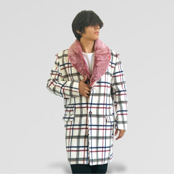 Men's Fashion White | Red | Navy Plaid Faux Fur Overcoat NWT