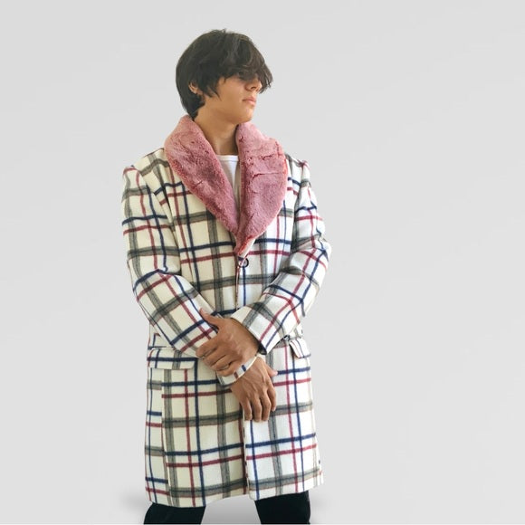 Men's Fashion White | Red | Navy Plaid Faux Fur Overcoat NWT