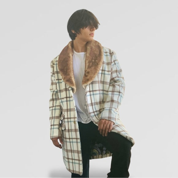 Men's Fashion White | Brown | Sky Blue Plaid Faux Fur Overcoat NWT