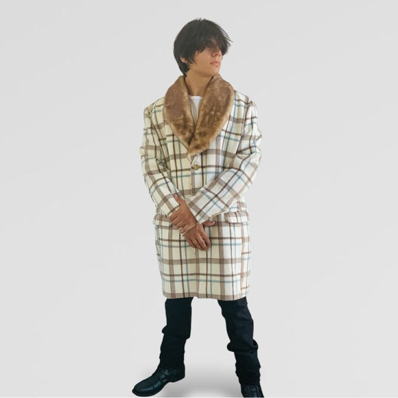 Men's Fashion White | Brown | Sky Blue Plaid Faux Fur Overcoat NWT