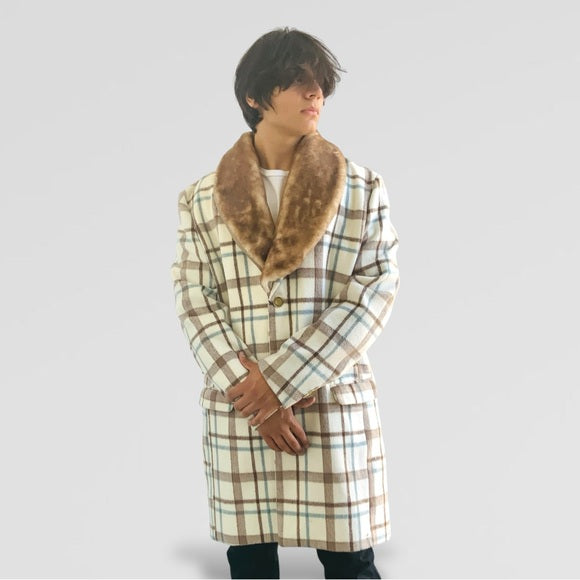 Men's Fashion White | Brown | Sky Blue Plaid Faux Fur Overcoat NWT