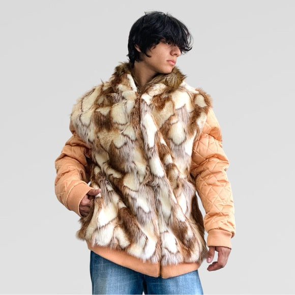 Men's Manzini Copper | Ivory Faux Fur Hoody Jacket NWT