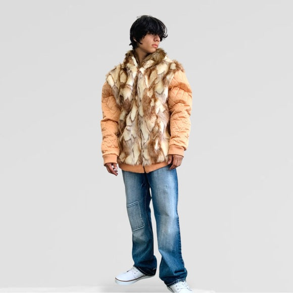 Men's Manzini Copper | Ivory Faux Fur Hoody Jacket NWT