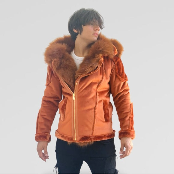 Men's Fashion Rust Burn Winter Faux Fur Coat NWT