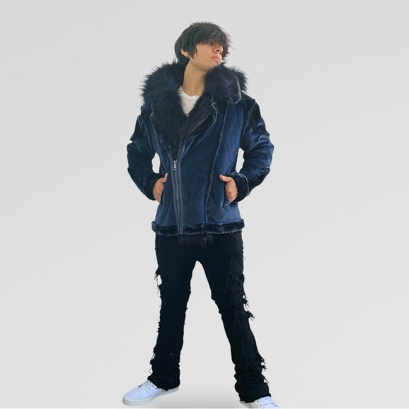 Men's Fashion Navy Winter Faux Fur Coat NWT