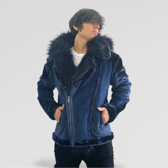 Men's Fashion Navy Winter Faux Fur Coat NWT