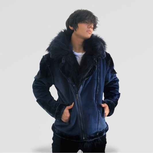 Men's Fashion Navy Winter Faux Fur Coat NWT