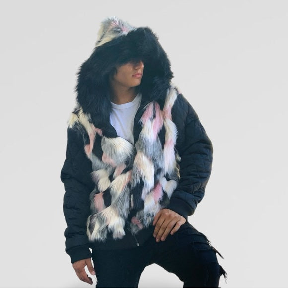 Men's Black | Ivory | Pink Faux Fur Hoody Jacket NWT