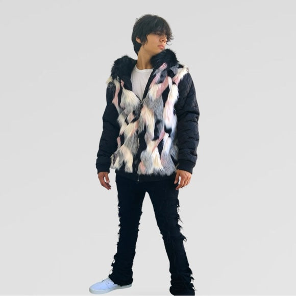 Men's Black | Ivory | Pink Faux Fur Hoody Jacket NWT