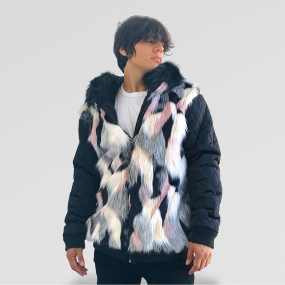 Men's Black | Ivory | Pink Faux Fur Hoody Jacket NWT