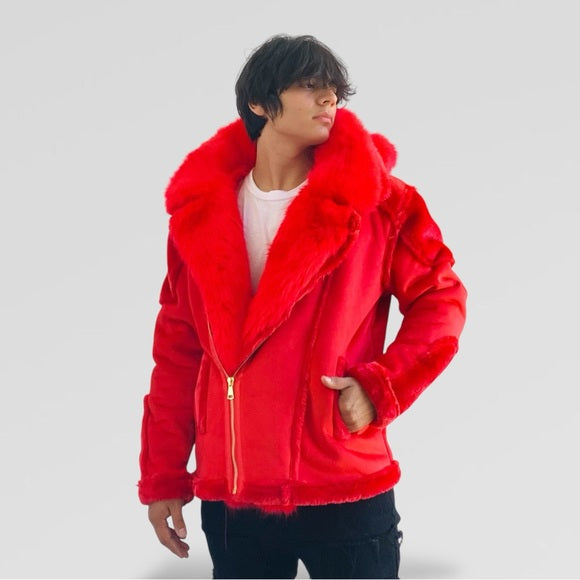 Men's Fashion Red Winter Faux Fur Coat NWT