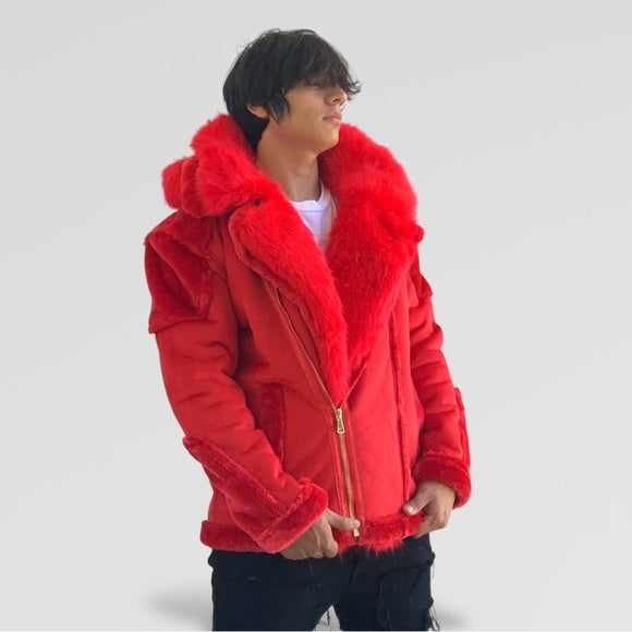 Men's Fashion Red Winter Faux Fur Coat NWT