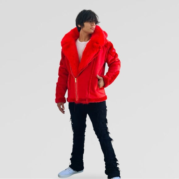 Men's Fashion Red Winter Faux Fur Coat NWT