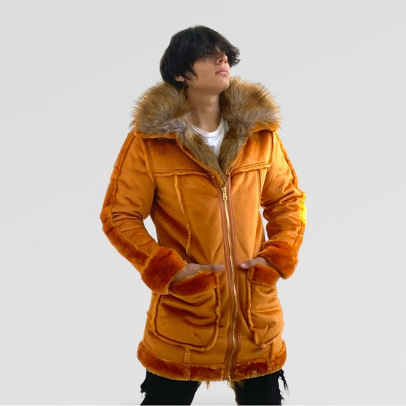 Men's Fashion Cognac Hooded Winter Faux Fur Coat NWT