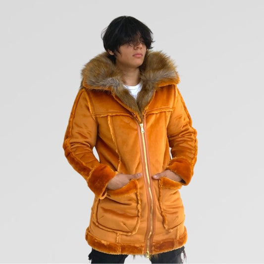 Men's Fashion Cognac Hooded Winter Faux Fur Coat NWT