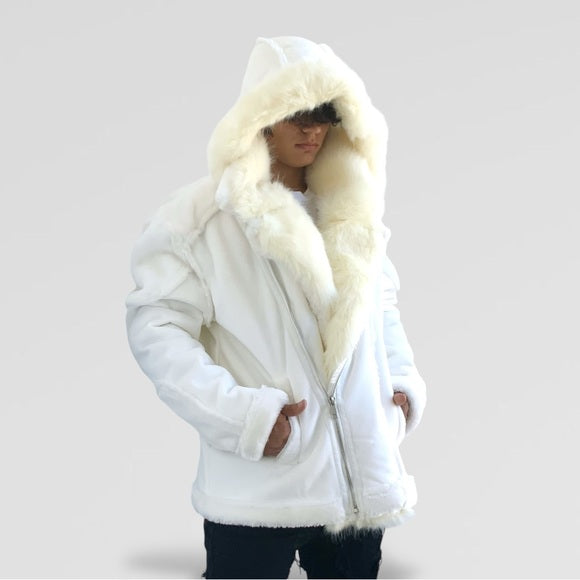 Men's Manzini Vintage White Faux Fur Hooded Winter Coat NWT