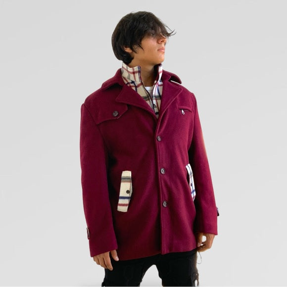 Men's Fashion Burgundy | White Detachable Scarf Coat NWT