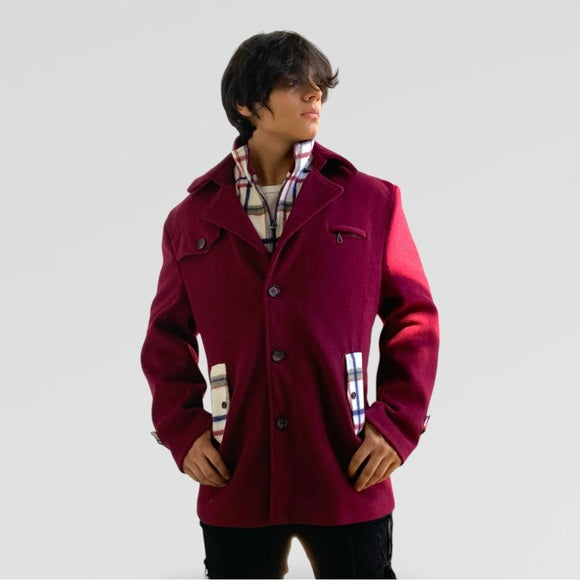 Men's Fashion Burgundy | White Detachable Scarf Coat NWT