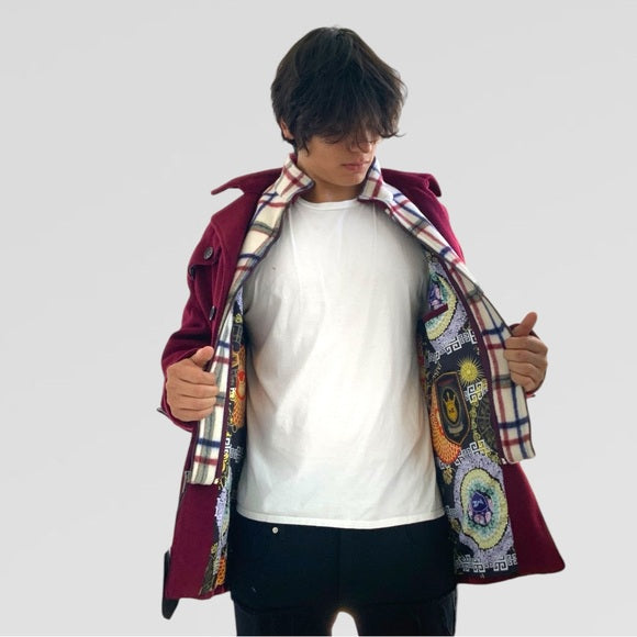 Men's Fashion Burgundy | White Detachable Scarf Coat NWT