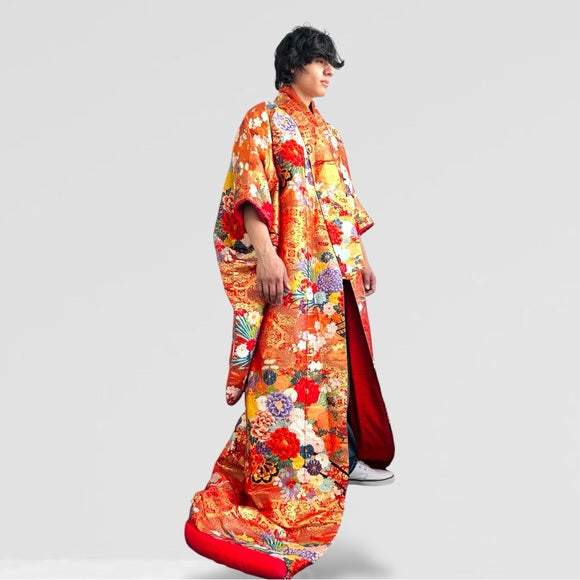 Men’s Uchikake Traditional Japanese Wedding Kimono Orange Red Gold Robe Silk NWT