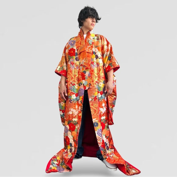 Men’s Uchikake Traditional Japanese Wedding Kimono Orange Red Gold Robe Silk NWT