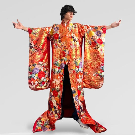 Men’s Uchikake Traditional Japanese Wedding Kimono Orange Red Gold Robe Silk NWT