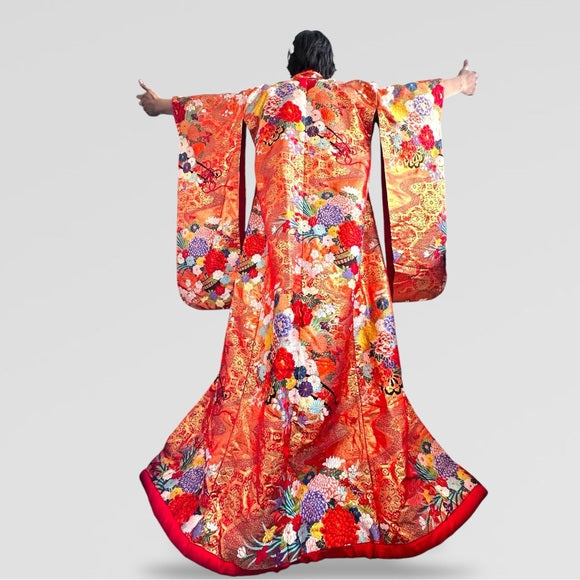 Men’s Uchikake Traditional Japanese Wedding Kimono Orange Red Gold Robe Silk NWT