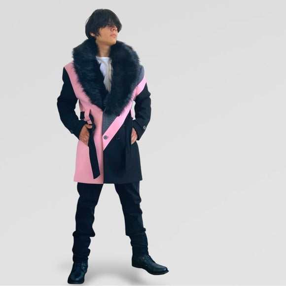 Men’s Makobi Pink | Grey | Black Double Breast Coat with Faux Fur NWT