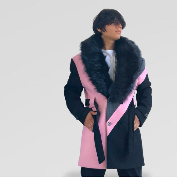 Men’s Makobi Pink | Grey | Black Double Breast Coat with Faux Fur NWT