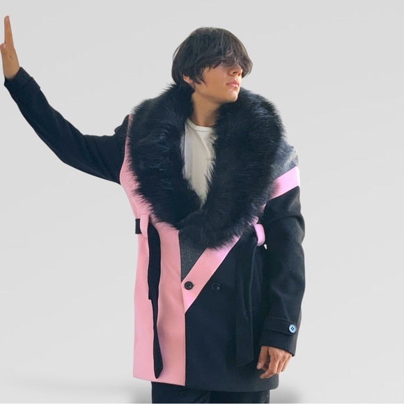 Men’s Makobi Pink | Grey | Black Double Breast Coat with Faux Fur NWT