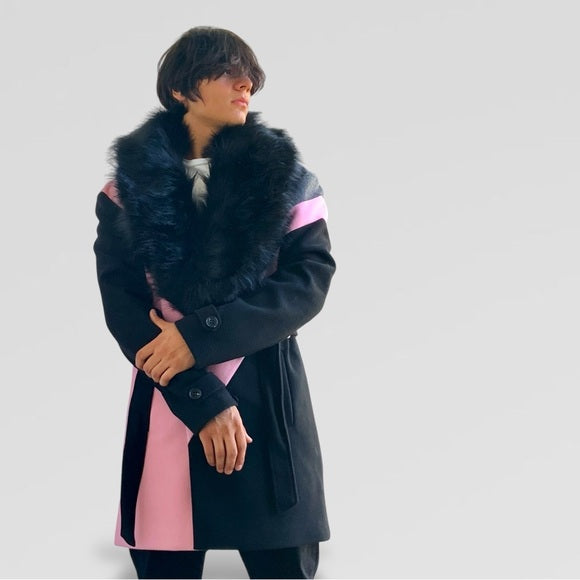 Men’s Makobi Pink | Grey | Black Double Breast Coat with Faux Fur NWT